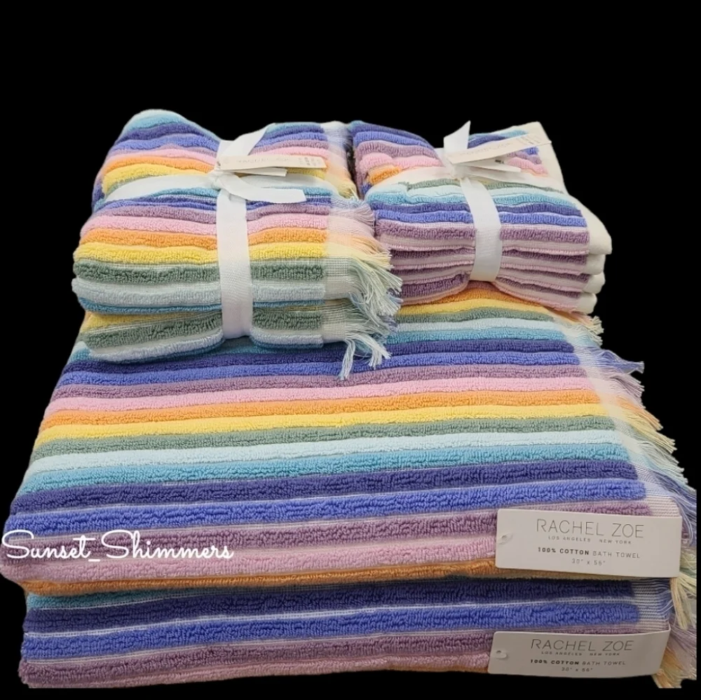 8pc Rachel Zoe Cotton Pastel Rainbow Striped Bath Hand Washcloth Towel Set New